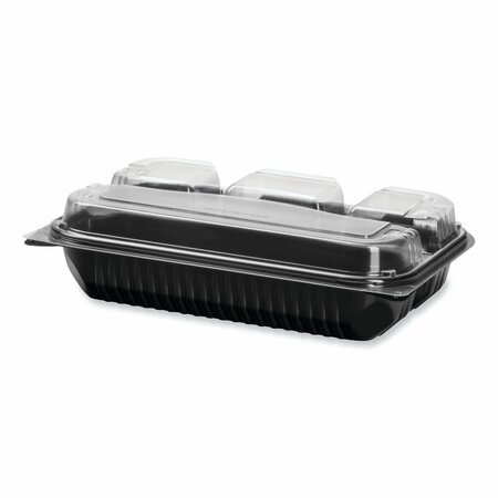 SOLO Creative Carryouts Hinged Plastic Hot Deli Boxes, 4-Compartment, 8.05x11.5x2.95, Black/Clear, 100PK 919020-PM94